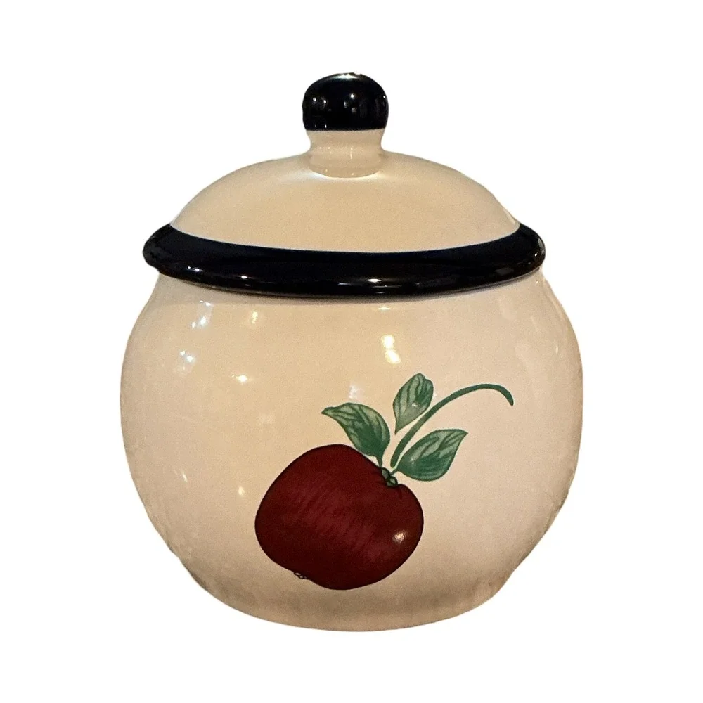 Princess House Orchard Medley Ceramic Sugar Bowl Apple Navy Trim Cream Canister